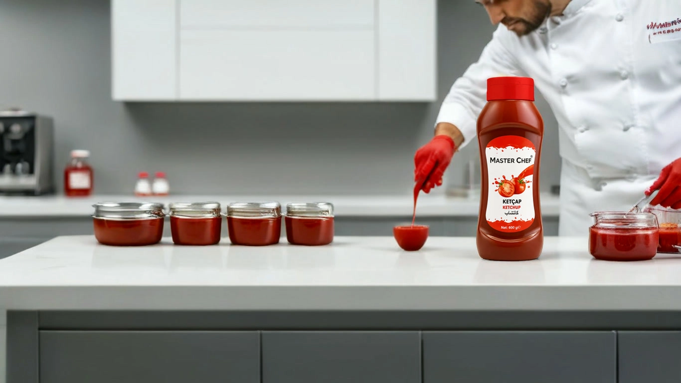 Profesyonel mutfakta MasterChef Ketçap 600 g ile porsiyonlama hazırlığı